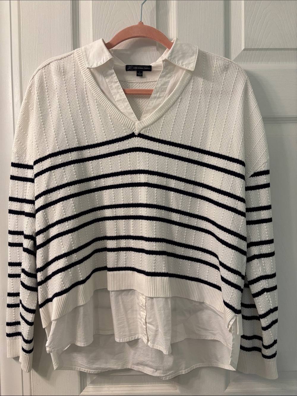 Adrianna Papell White Sweater with Black Stripes and Attached Shirt Hem& collar